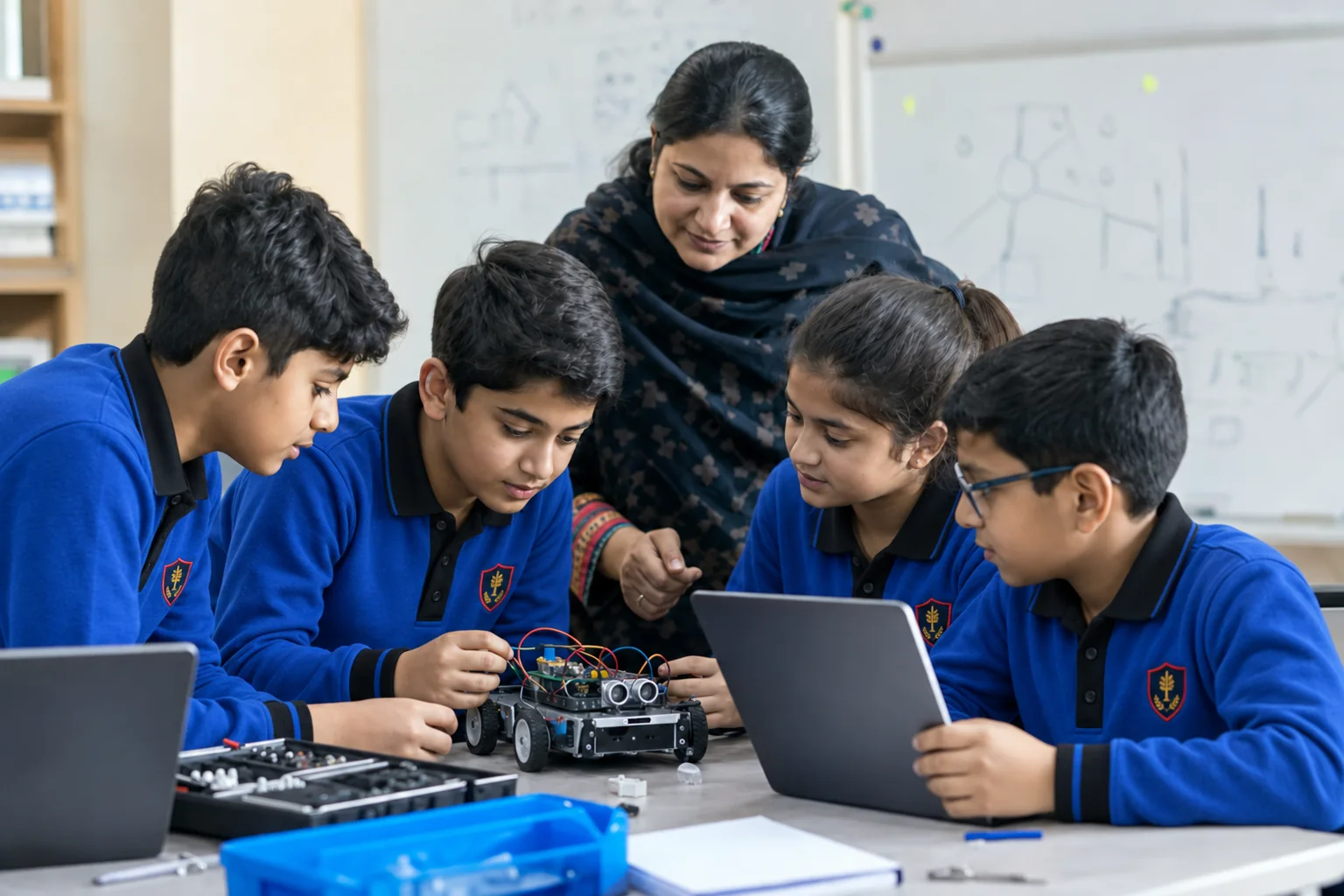 Pakistani students building a robot with their teacher
